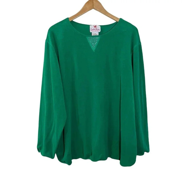 Quacker Factory Velour Top Plus Size 2X Kelly Green Rhinestone Bling Long Sleeve - Picture 1 of 3